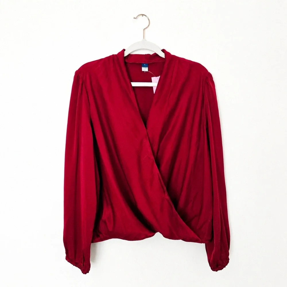 Old Navy Wrap Blouse Women Large Red NWT Surplice Long Sleeve V-Neck Top